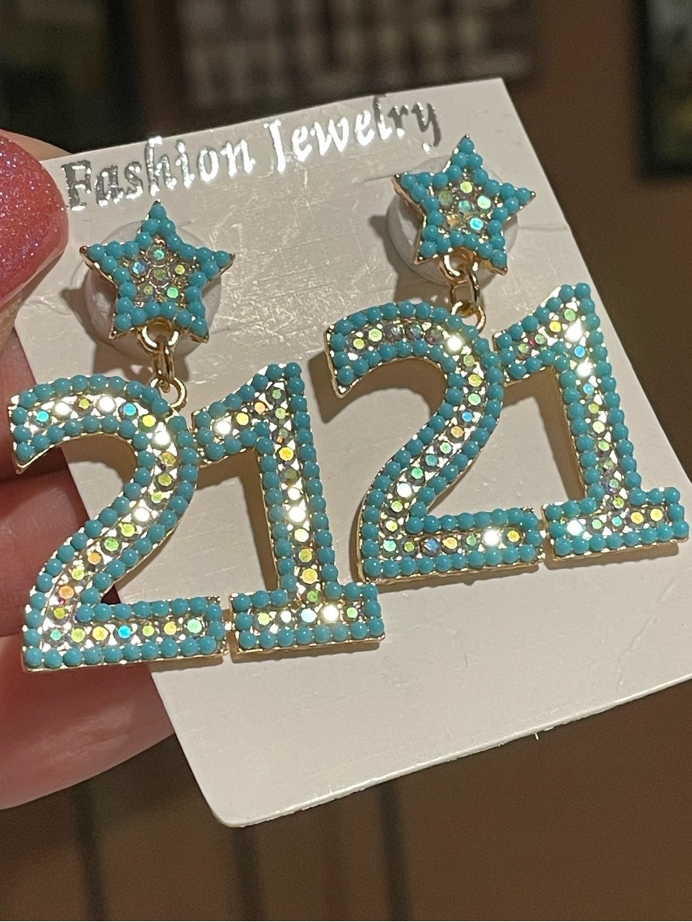 Party Ready! “21” Twenty One Turquoise Gold Iridescent Dangle Post Back Earrings